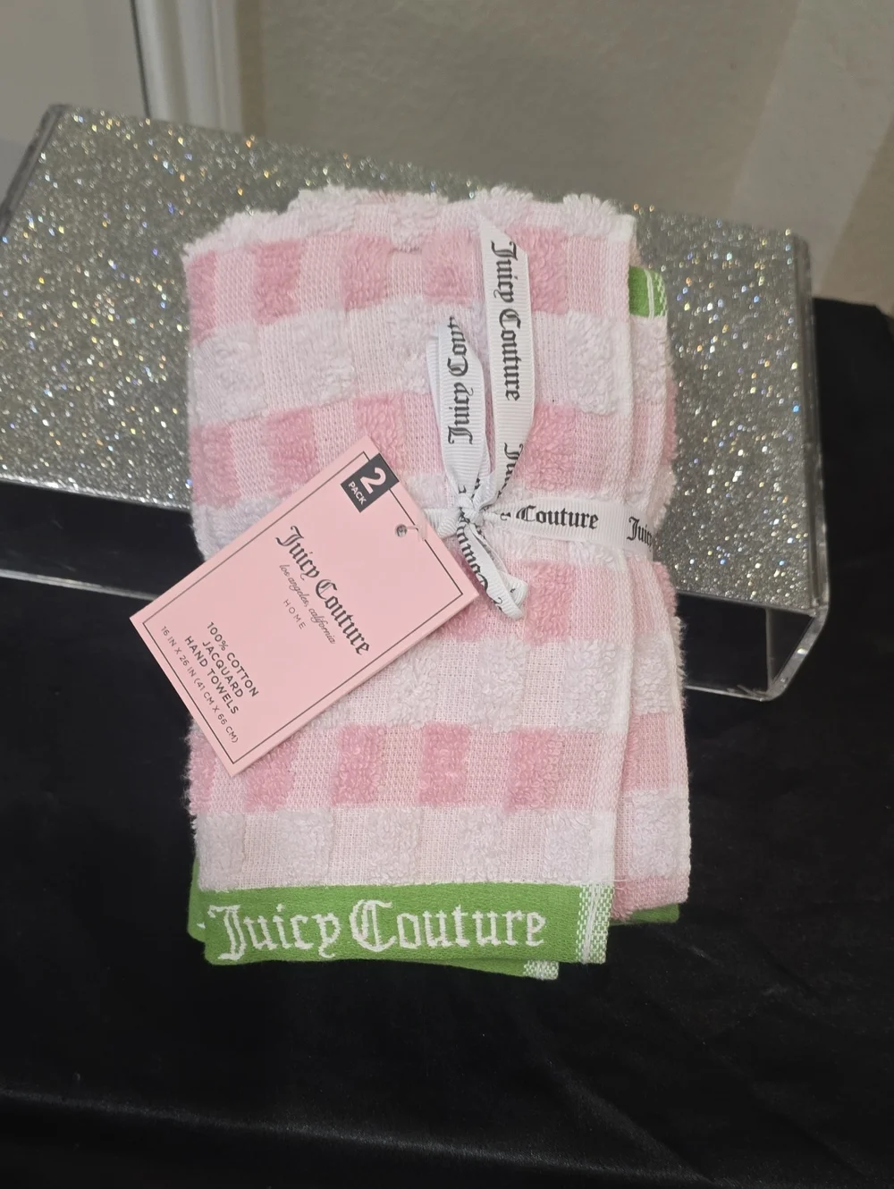 Juicy Couture Home Pink, White & Green Check Logo Cotton Jacquard Hand Towels